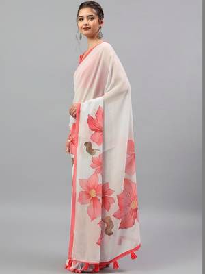 White georgette printed saree with blouse 1