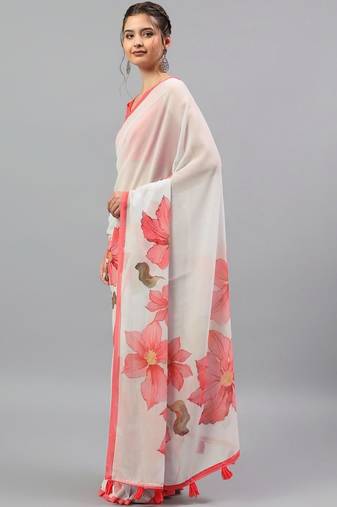 White georgette printed saree with blouse