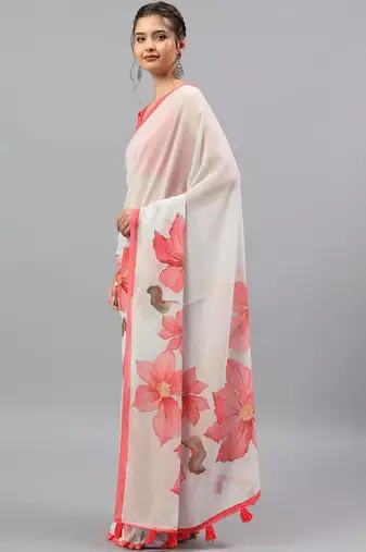 White georgette printed saree with blouse