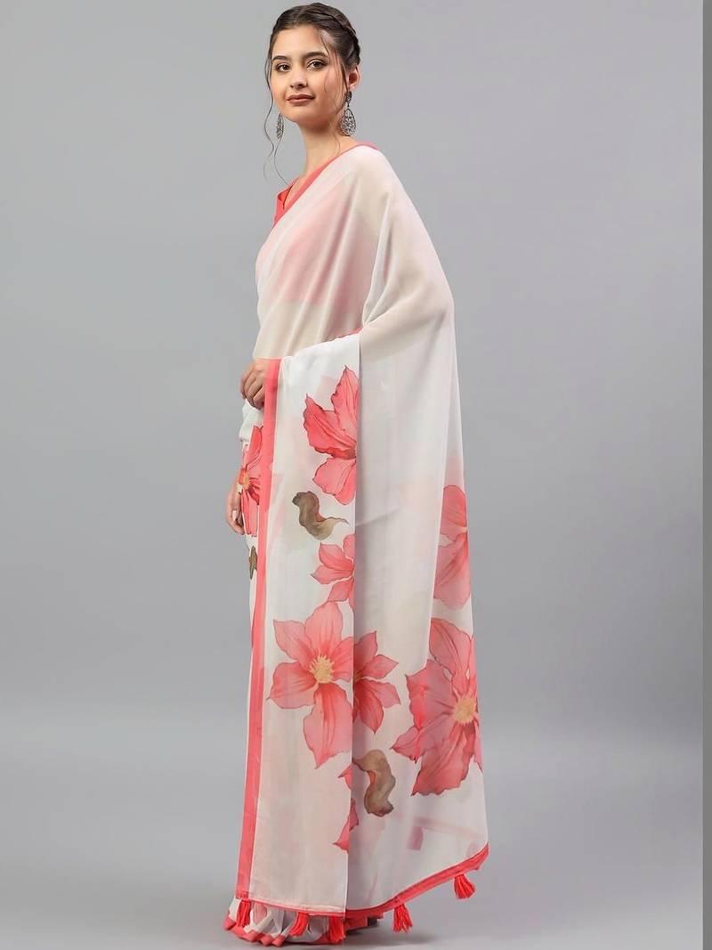 White georgette printed saree with blouse