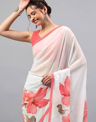 White georgette printed saree with blouse 2