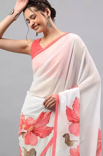 White georgette printed saree with blouse