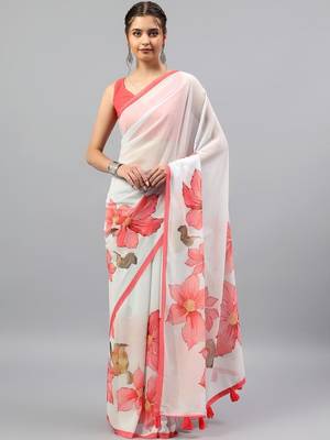 White georgette printed saree with blouse 3