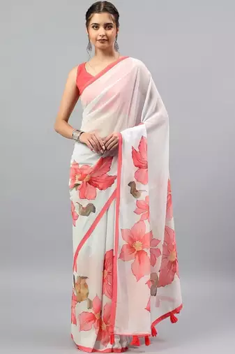 White georgette printed saree with blouse