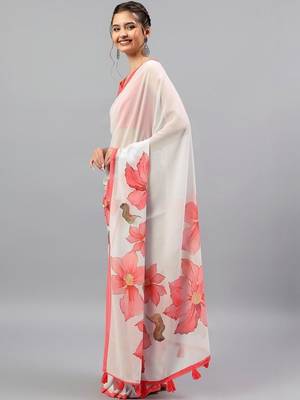 White georgette printed saree with blouse 4