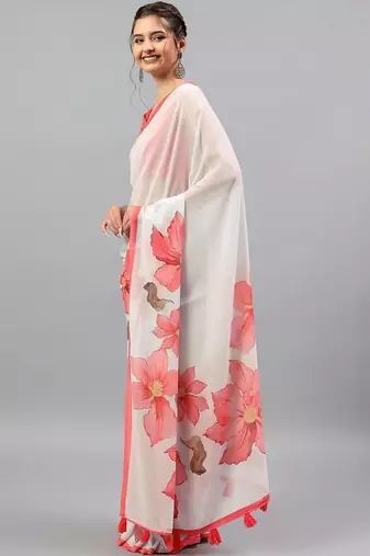 White georgette printed saree with blouse