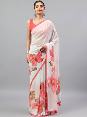 White georgette printed saree with blouse 5