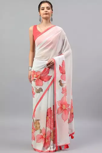 White georgette printed saree with blouse