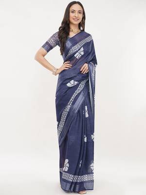 Navy blue linen printed saree with blouse 1