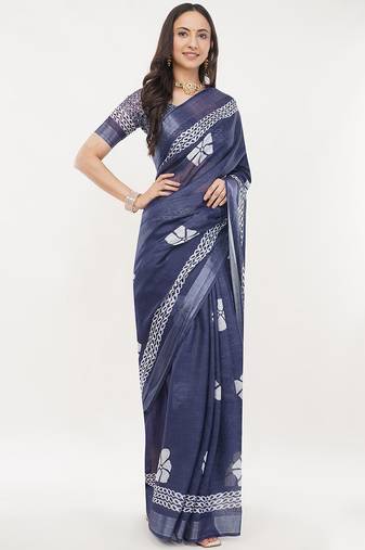 Navy blue linen printed saree with blouse