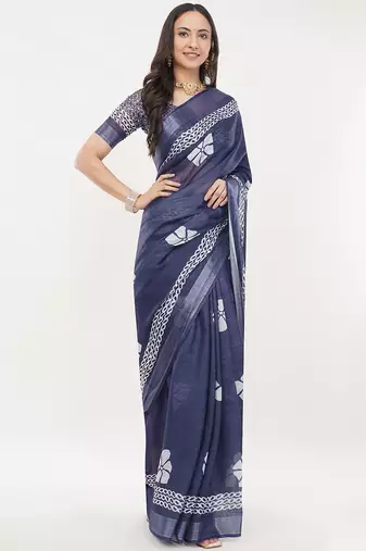 Navy blue linen printed saree with blouse