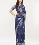 Navy blue linen printed saree with blouse
