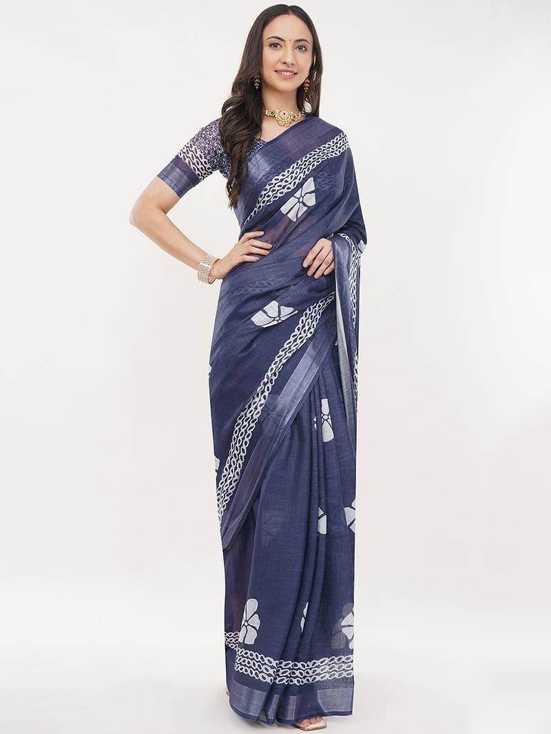 Navy blue linen printed saree with blouse