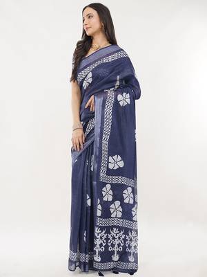 Navy blue linen printed saree with blouse 2