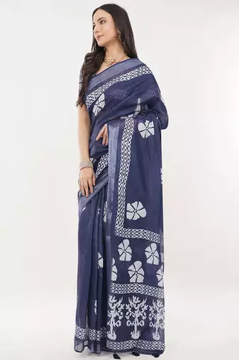 Navy blue linen printed saree with blouse