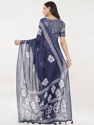 Navy blue linen printed saree with blouse 3