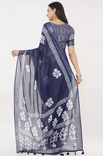 Navy blue linen printed saree with blouse