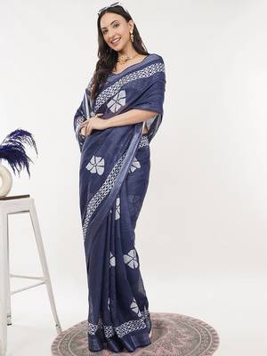Navy blue linen printed saree with blouse 4