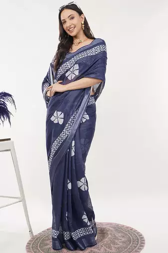 Navy blue linen printed saree with blouse