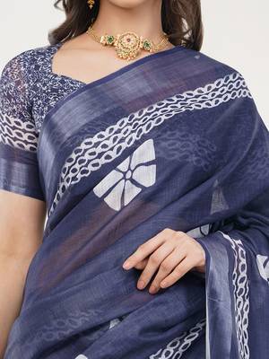 Navy blue linen printed saree with blouse 5