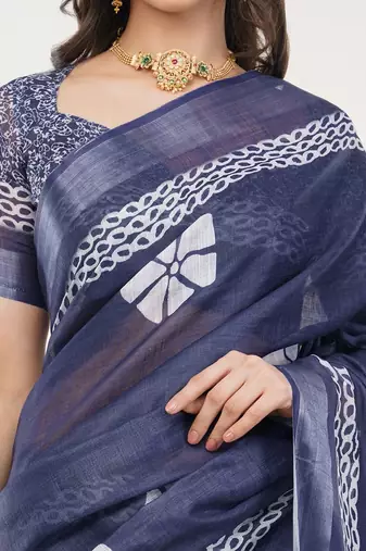 Navy blue linen printed saree with blouse