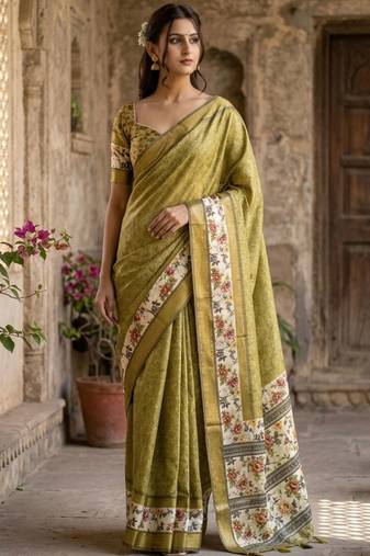 Olive polyester woven design saree with blouse