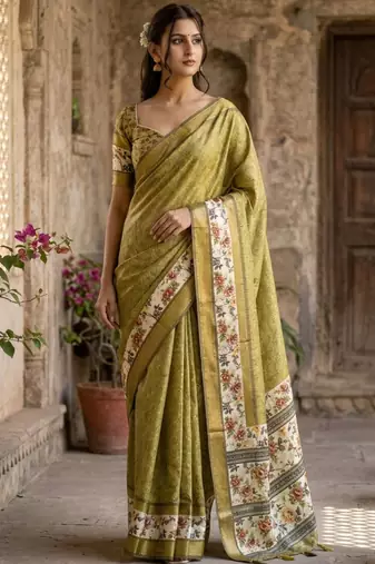 Olive polyester woven design saree with blouse