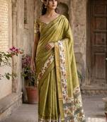 Olive polyester woven design saree with blouse