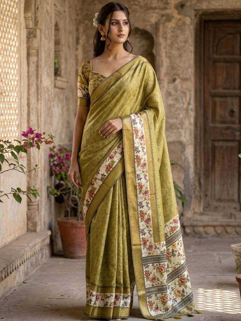 Olive polyester woven design saree with blouse