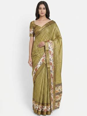 Olive polyester woven design saree with blouse 2
