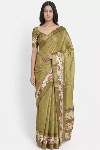 Olive polyester woven design saree with blouse