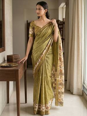 Olive polyester woven design saree with blouse 3
