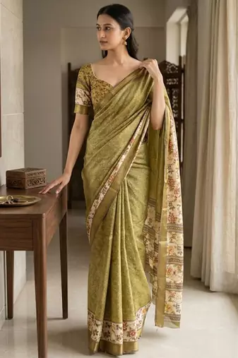 Olive polyester woven design saree with blouse