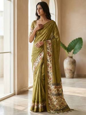 Olive polyester woven design saree with blouse 4