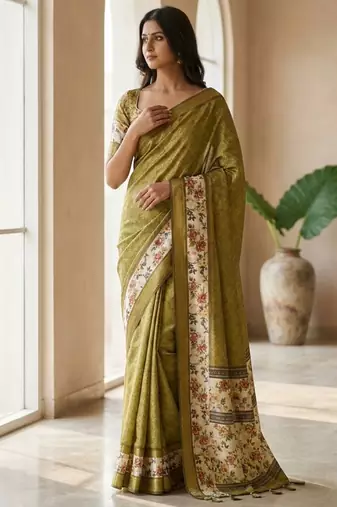 Olive polyester woven design saree with blouse