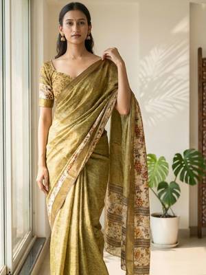Olive polyester woven design saree with blouse 5