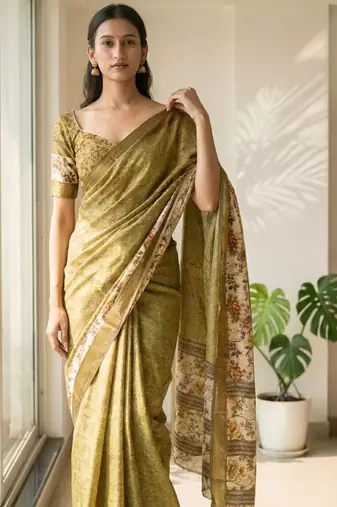 Olive polyester woven design saree with blouse