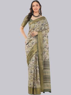 Beige polyester printed saree with blouse 1