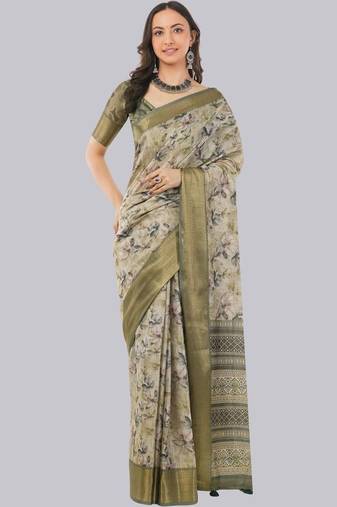 Beige polyester printed saree with blouse