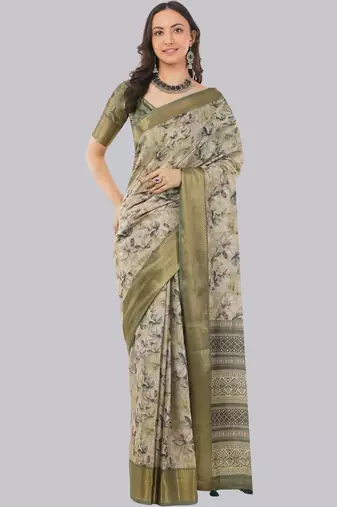 Beige polyester printed saree with blouse