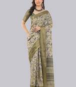 Beige polyester printed saree with blouse