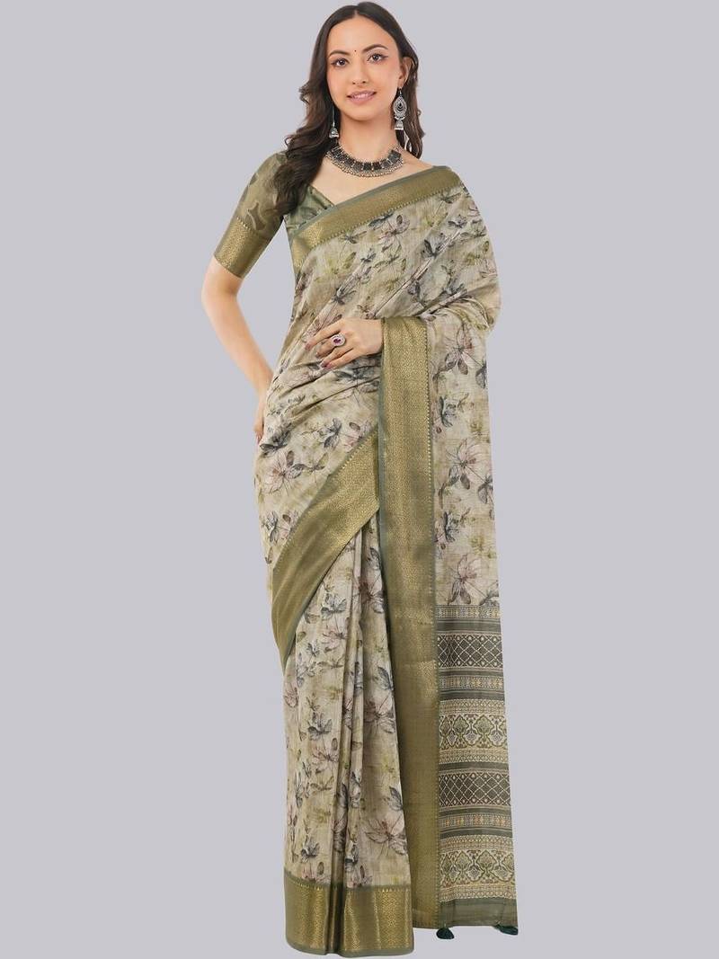 Beige polyester printed saree with blouse