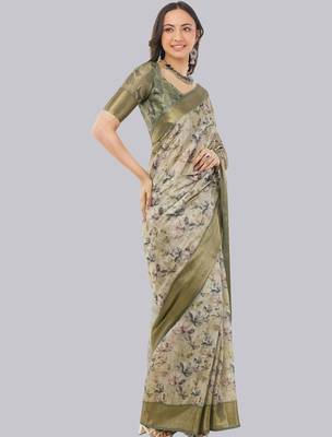 Beige polyester printed saree with blouse 2