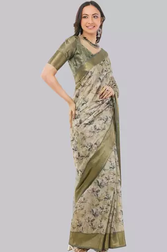 Beige polyester printed saree with blouse