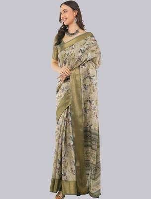 Beige polyester printed saree with blouse 3