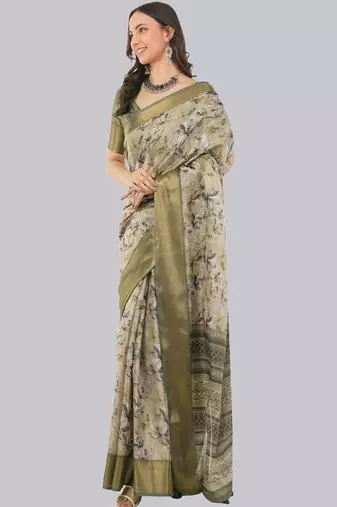 Beige polyester printed saree with blouse