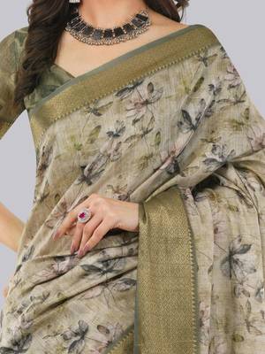 Beige polyester printed saree with blouse 4