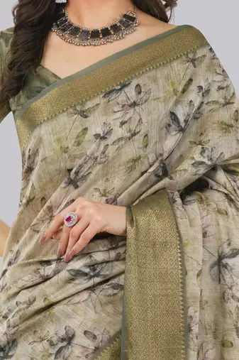 Beige polyester printed saree with blouse