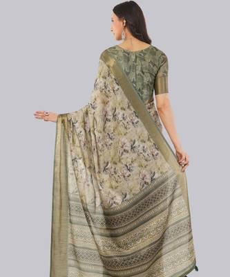 Beige polyester printed saree with blouse 5