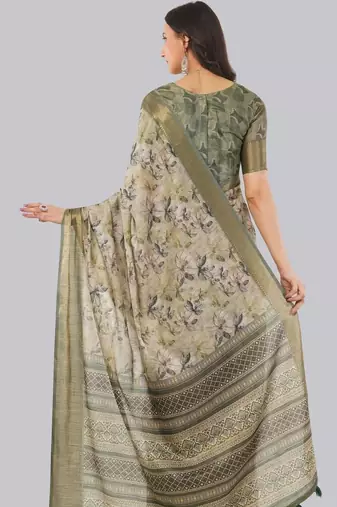 Beige polyester printed saree with blouse